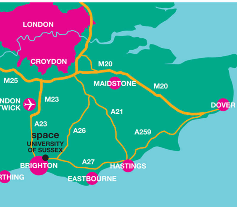 Map showing roads in southern England, highlighting London, Croydon, Maidstone, Dover, University of Sussex, and Brighton.