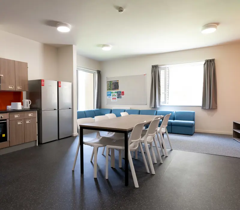 Modern kitchen with dining table, white chairs, two fridges, blue sofa, and a window. Bright, clean, and minimalistic.