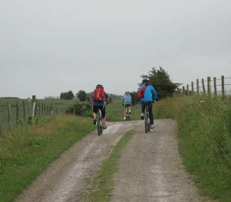Three people biking on a gravel path through a rural landscape, surrounded by greenery under an overcast sky.