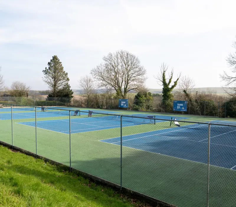 A tennis court with a chain-link fence, surrounded by leafless trees and a sunny sky.